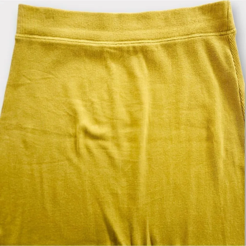 Free People Beach Ribbed Stretchy Back Slit High Waist Midi Skirt in Yellow M